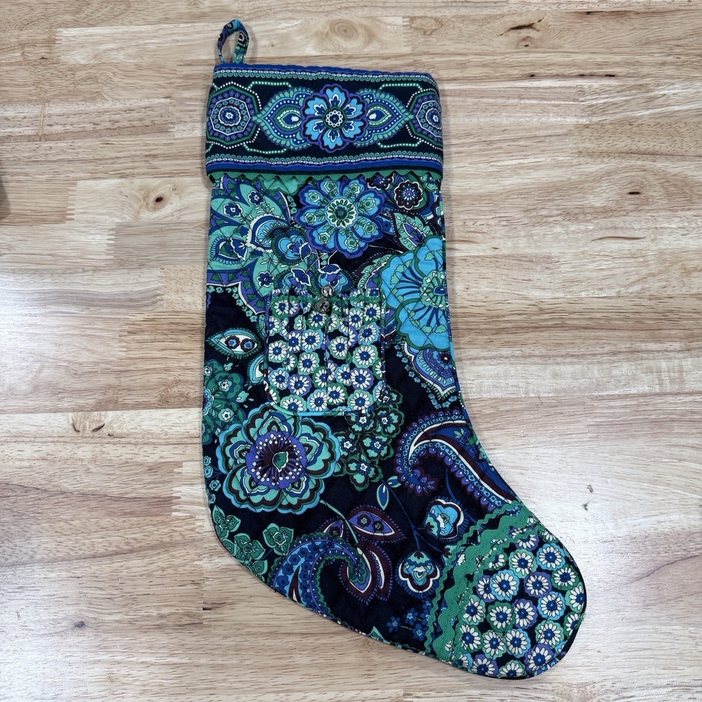 Vera Bradley Christmas Stocking Blue Rhapsody with Bells 16" L Holiday Decor
